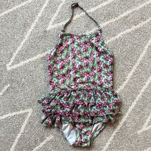Betsey Johnson Teal and Pink Cherry Print Ruffled Swimsuit Girls 4-5